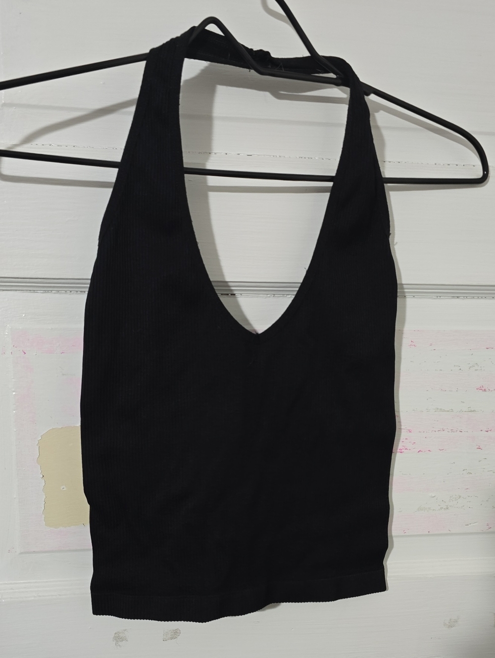 Out From Under - Urban Outfitters Black Ribbed V-Neck Halter Crop Top